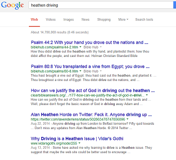 A screen capture of the Google search for Heathen Driving, showing the Vidar's Gothi article next to the Christian articles.