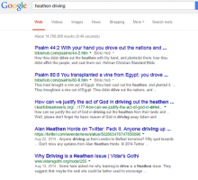 A screen capture of the Google search for Heathen Driving, showing the Vidar's Gothi article next to the Christian articles.